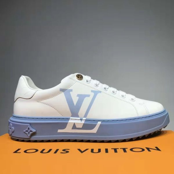Louis Vuitton LV Unisex Time Out Sneaker Printed Calf Leather 3-D Monogram Flowers-Blue (10)