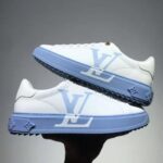 Louis Vuitton LV Unisex Time Out Sneaker Printed Calf Leather 3-D Monogram Flowers-Blue - Image 6