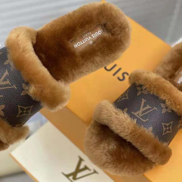 Louis Vuitton Women Lock It Flat Mule Mink Fur Patent Monogram Canvas (3)