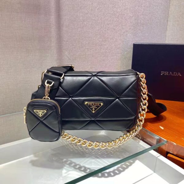 Prada Women Padded Leather Shoulder Bag Triangle-Stitched Padding-Black