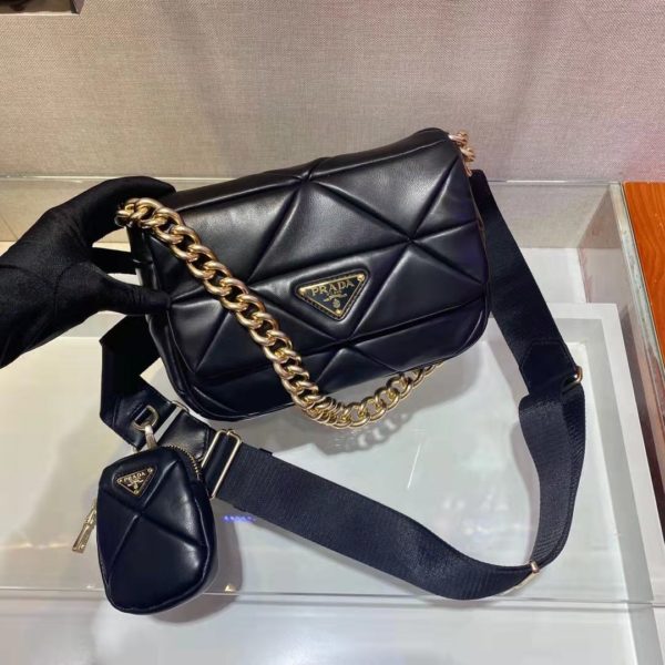 Prada Women Padded Leather Shoulder Bag Triangle-Stitched Padding-Black ...