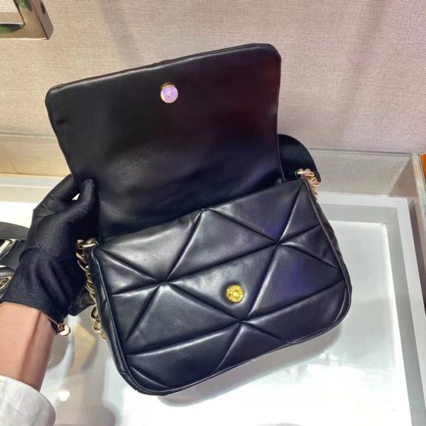 Prada Women Padded Leather Shoulder Bag Triangle-Stitched Padding-Black (6)