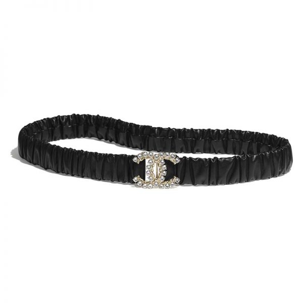 Chanel Women Calfskin Gold-Tone Metal Glass Pearls & Strass Black Belt