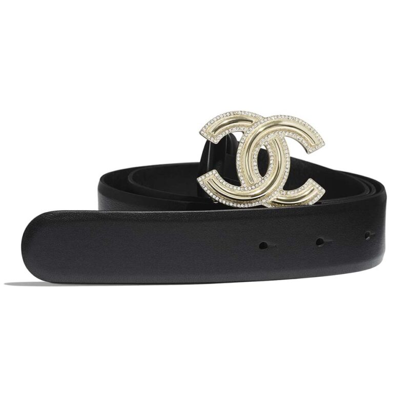 Chanel Damen Gürtel aus Kalbsleder in Goldtönen mit Metall und Strasssteinen – Schwarz