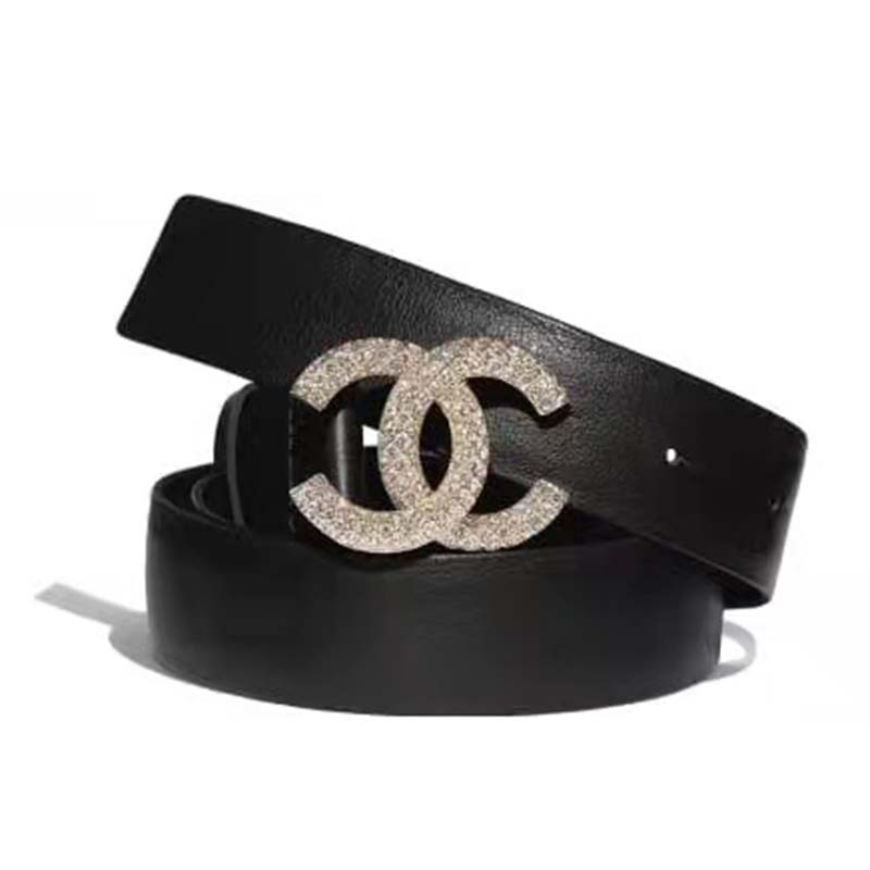 Chanel Women Calfskin Gold-Tone Metal & Strass Belt Black - LULUX