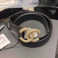 Chanel Women Calfskin Gold-Tone Metal & Strass Belt Black