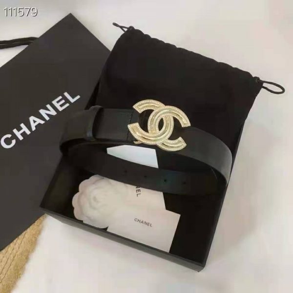 Chanel Women Calfskin Gold-Tone Metal & Strass Belt-Black (8)