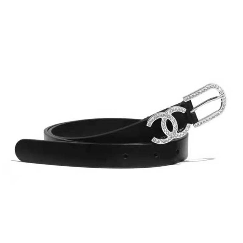 Chanel Black Leather Belt with Silver Buckle - Secondi