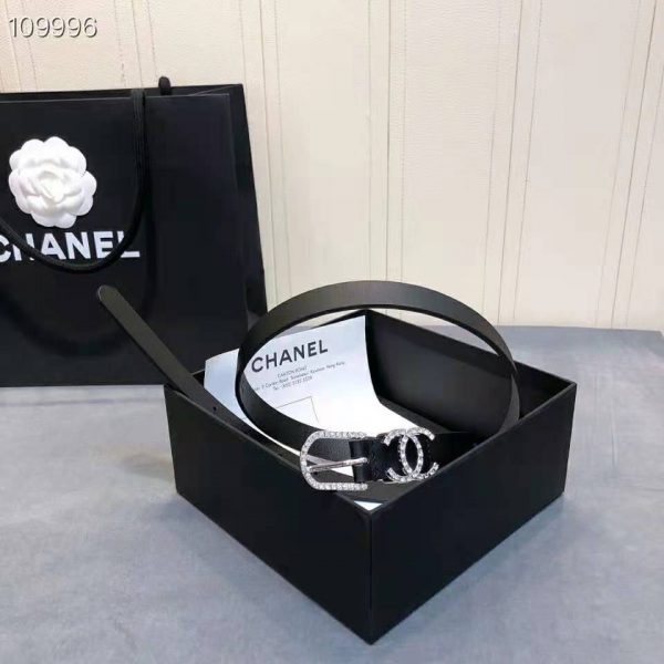 Chanel Women Calfskin & Silver-Tone Metal & Strass Black Belt (8)