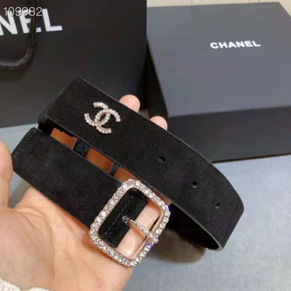 Chanel Women Goatskin Silver-Tone Metal & Strass Black Belt (10)