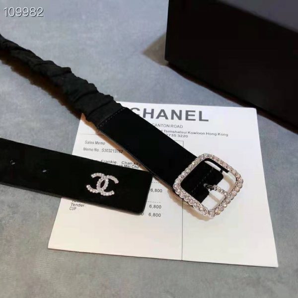 Chanel Women Goatskin Silver-Tone Metal & Strass Black Belt (8)