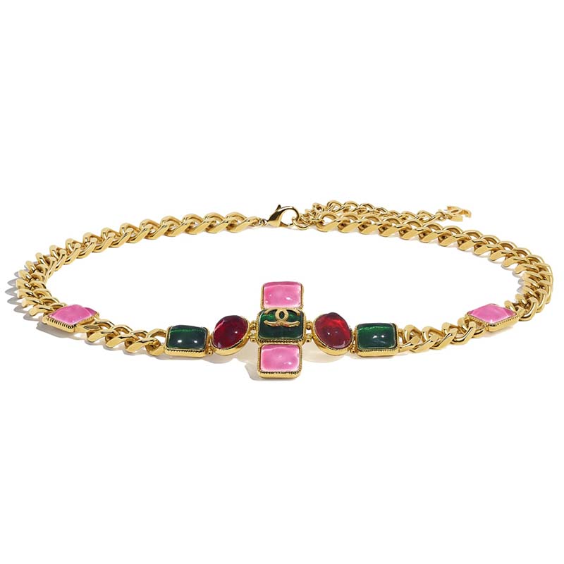 Chanel Women Metal & Resin Gold Green Burgundy & Pink Belt - LULUX