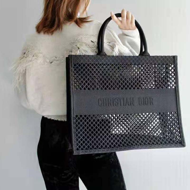 Dior Women Dior Book Tote Black Mesh Embroidery Christian Dior LULUX