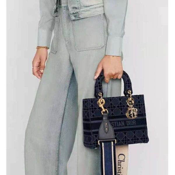 Dior Women Medium Lady D-Lite Bag Blue Cannage Embroidered Velvet (1)