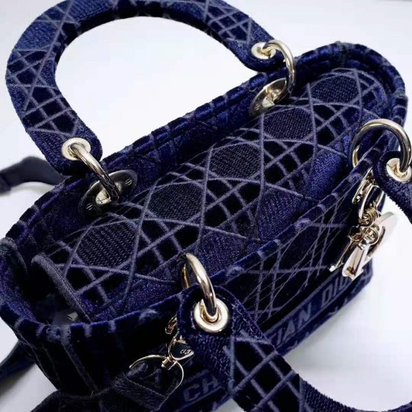 Dior Women Medium Lady D-Lite Bag Blue Cannage Embroidered Velvet (11)