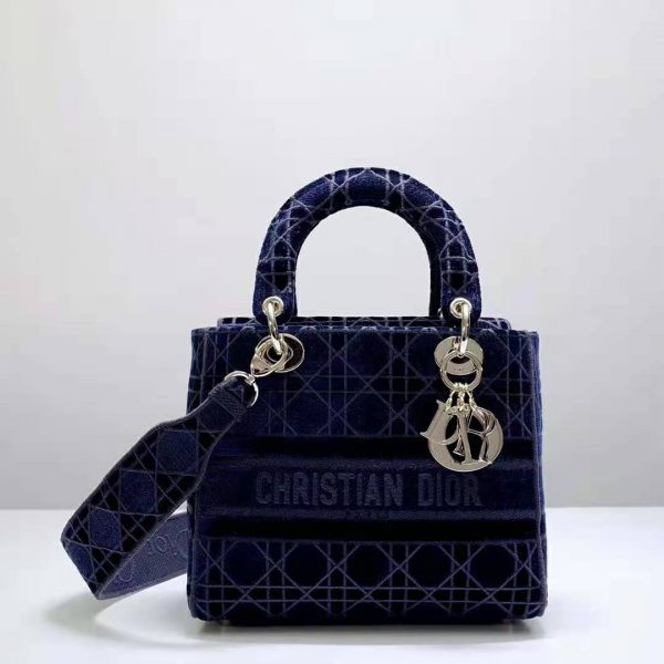Dior Women Medium Lady D-Lite Bag Blue Cannage Embroidered Velvet (5)