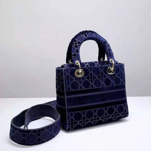 Dior Women Medium Lady D-Lite Bag Blue Cannage Embroidered Velvet (6)