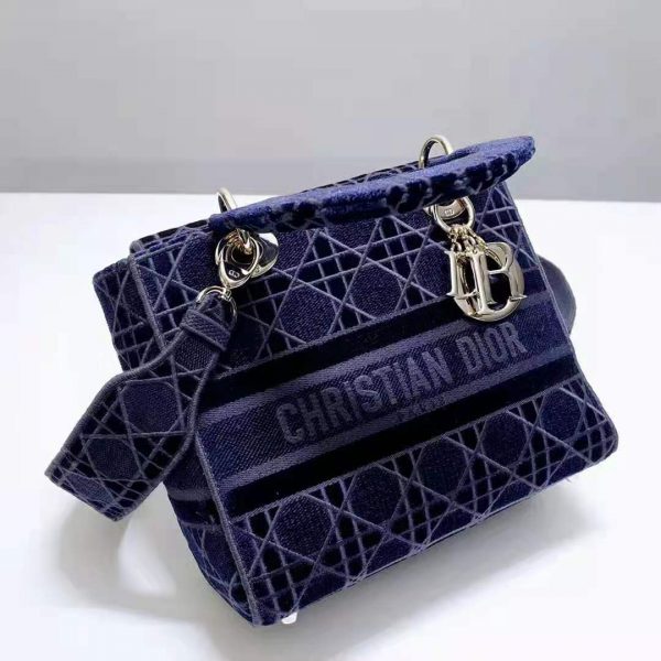 Dior Women Medium Lady D-Lite Bag Blue Cannage Embroidered Velvet (8)