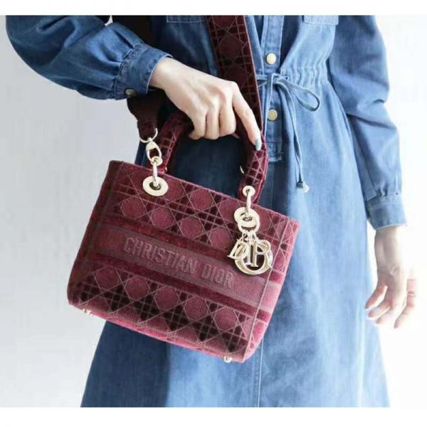Dior Women Medium Lady D-Lite Bag Burgundy Cannage Embroidered Velvet (1)
