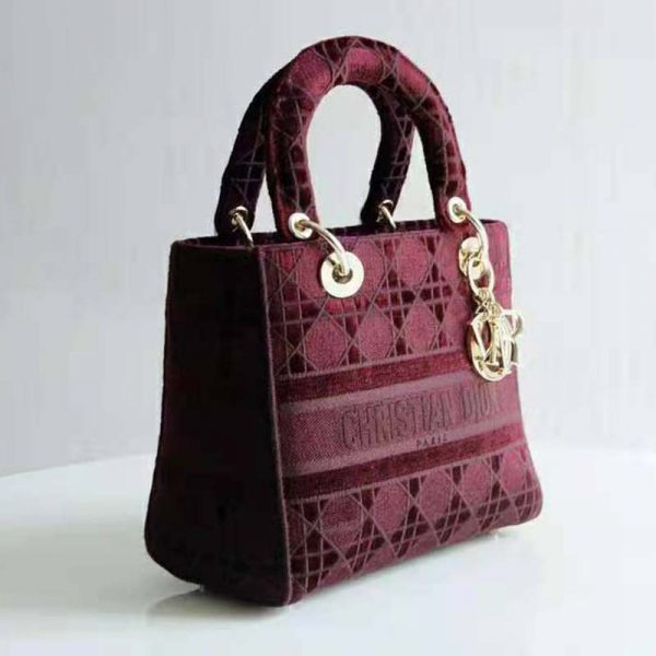 Dior Women Medium Lady D-Lite Bag Burgundy Cannage Embroidered Velvet (10)