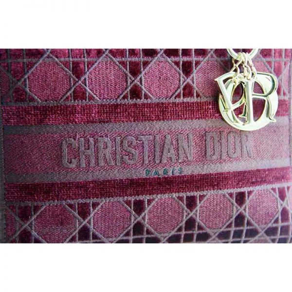Dior Women Medium Lady D-Lite Bag Burgundy Cannage Embroidered Velvet (12)