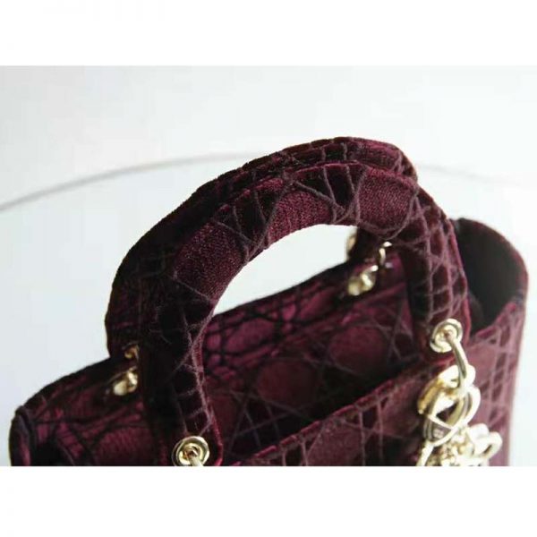 Dior Women Medium Lady D-Lite Bag Burgundy Cannage Embroidered Velvet (14)