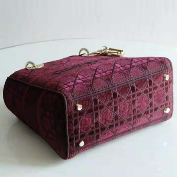 Dior Women Medium Lady D-Lite Bag Burgundy Cannage Embroidered Velvet (15)