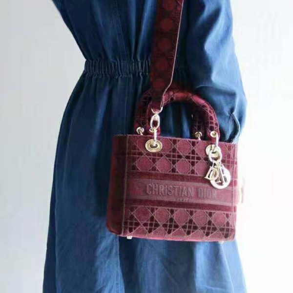 Dior Women Medium Lady D-Lite Bag Burgundy Cannage Embroidered Velvet (3)