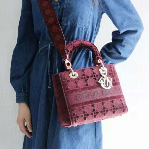 Dior Women Medium Lady D-Lite Bag Burgundy Cannage Embroidered Velvet (4)