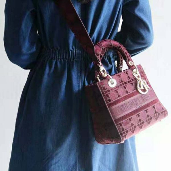 Dior Women Medium Lady D-Lite Bag Burgundy Cannage Embroidered Velvet (5)