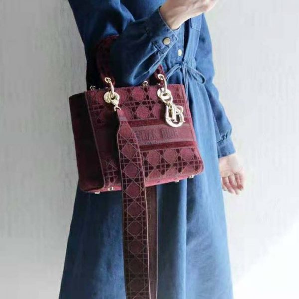 Dior Women Medium Lady D-Lite Bag Burgundy Cannage Embroidered Velvet (6)