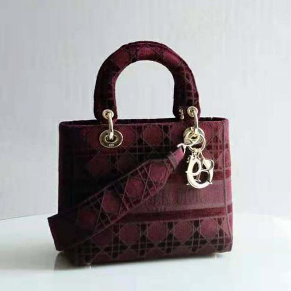 Dior Women Medium Lady D-Lite Bag Burgundy Cannage Embroidered Velvet (8)