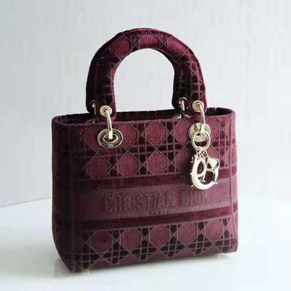 Dior Women Medium Lady D-Lite Bag Burgundy Cannage Embroidered Velvet (9)