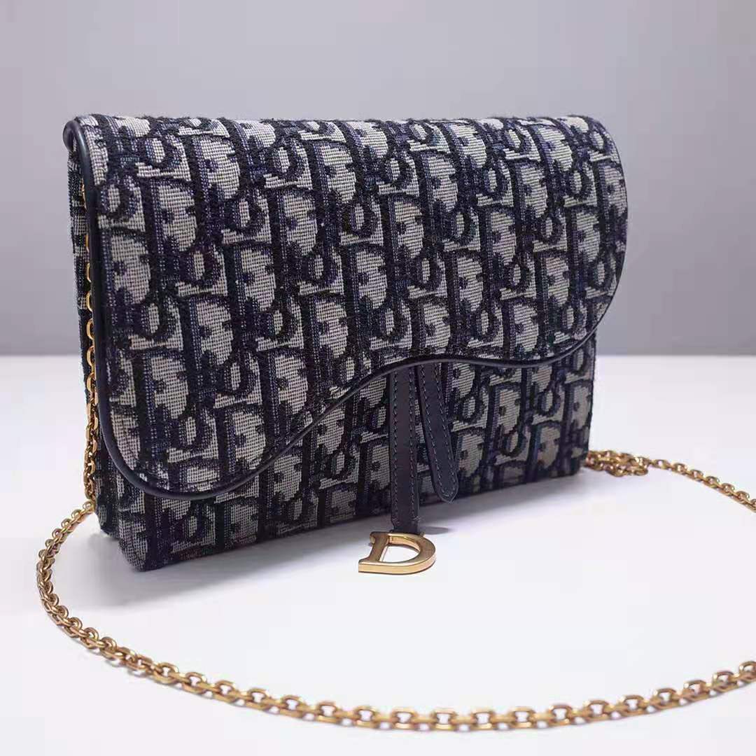 Dior - Saddle Pouch with Chain Blue Dior Oblique Jacquard - Women