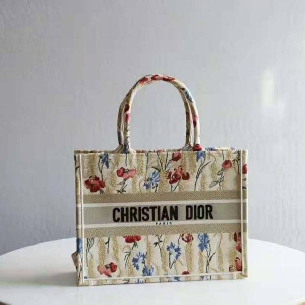 Dior Women Small Book Tote Beige Multicolor Hibiscus Metallic Thread Embroidery (12)