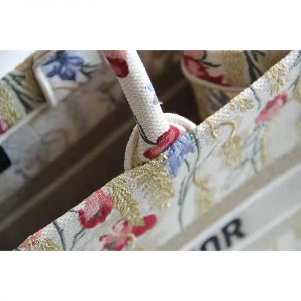 Dior Women Small Book Tote Beige Multicolor Hibiscus Metallic Thread Embroidery (4)