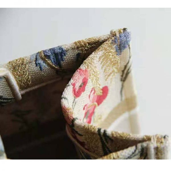 Dior Women Small Book Tote Beige Multicolor Hibiscus Metallic Thread Embroidery (5)