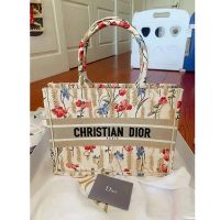 Dior Women Small Book Tote Beige Multicolor Hibiscus Metallic Thread Embroidery