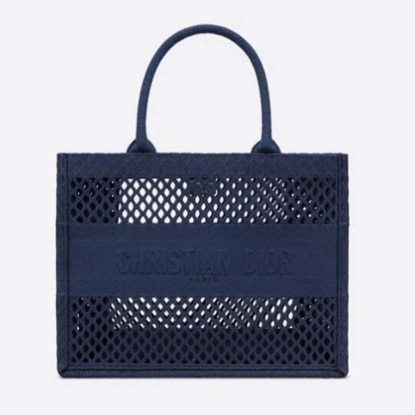 Dior Women Small Dior Book Tote Blue Mesh Embroidery