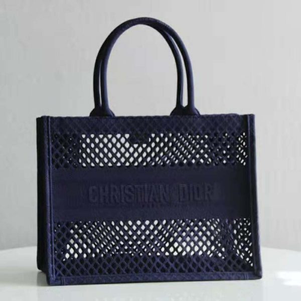 Dior Women Small Dior Book Tote Blue Mesh Embroidery (3)