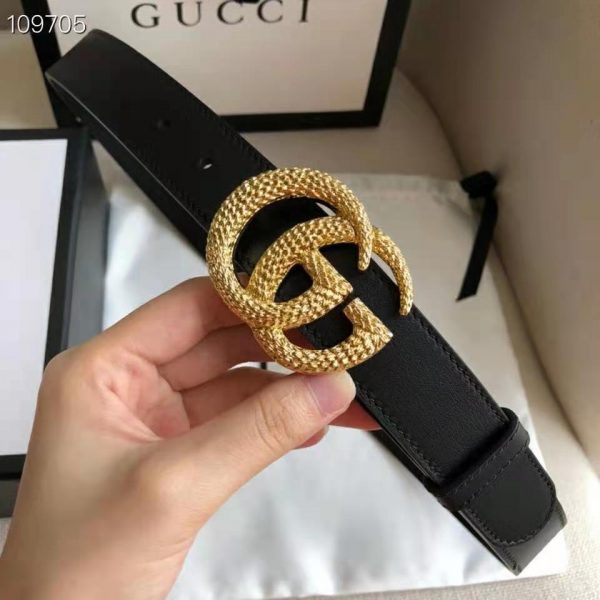 Gucci GG Unisex Belt with Textured Double G Buckle Black Leather 4 cm Width (6)