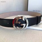 Gucci GG Unisex Black Leather Belt with Interlocking G Buckle 4 cm Width - Imagen 2