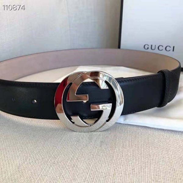 Gucci GG Unisex Black Leather Belt with Interlocking G Buckle 4 cm Width (6)