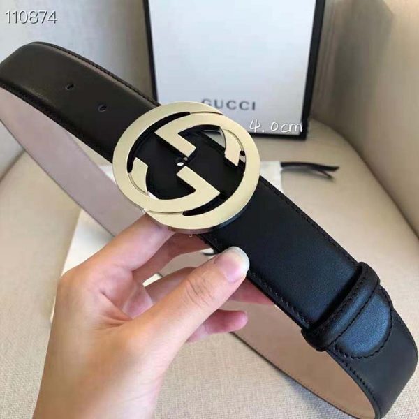 Gucci GG Unisex Black Leather Belt with Interlocking G Buckle 4 cm Width (7)
