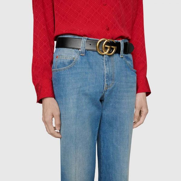 Gucci GG Unisex GG Leather Belt with Shiny Buckle Black cm - LULUX