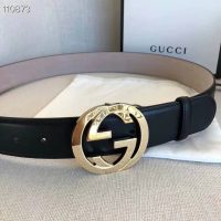 Gucci GG Unisex Leather Belt with Interlocking G Buckle Black 4 cm Width