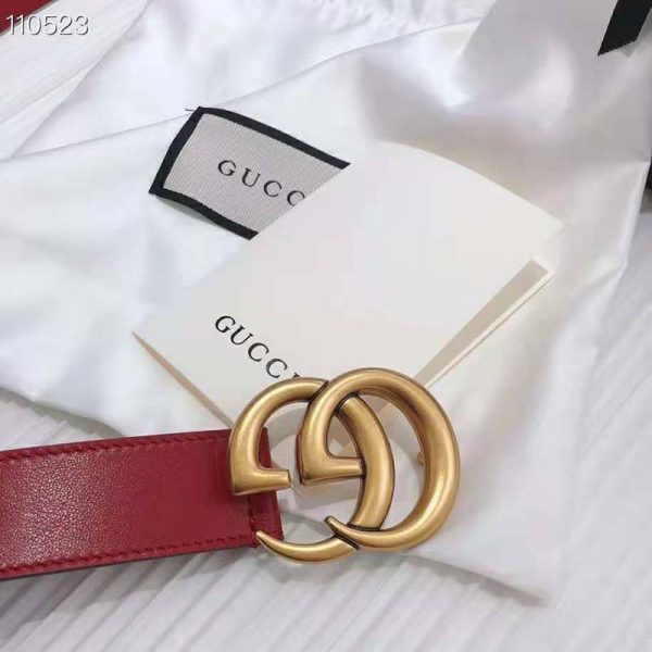 Gucci Unisex GG Marmont Thin Leather Belt with Shiny Double G Buckle-Red (10)