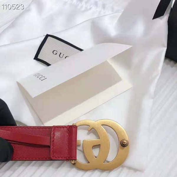 Gucci Unisex GG Marmont Thin Leather Belt with Shiny Double G Buckle-Red (11)