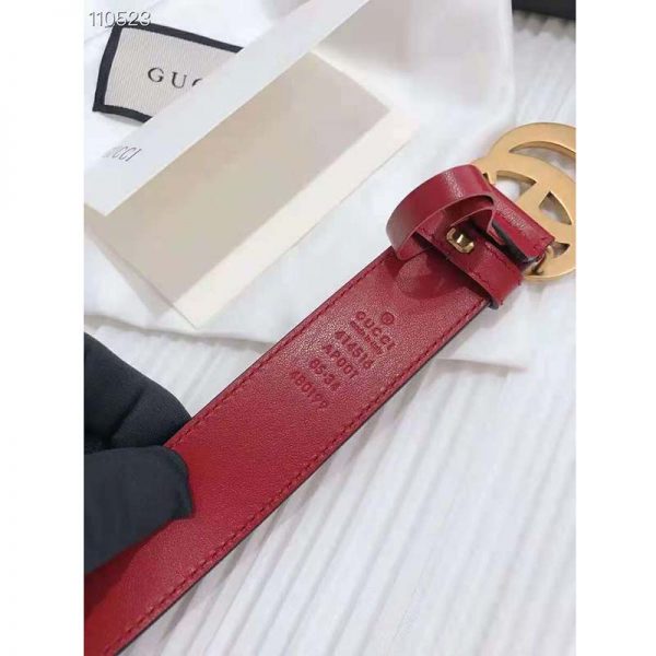 Gucci Unisex GG Marmont Thin Leather Belt with Shiny Double G Buckle-Red (12)