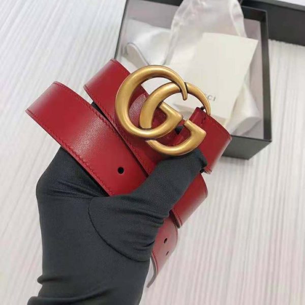 Gucci Unisex GG Marmont Thin Leather Belt with Shiny Double G Buckle-Red (5)